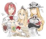  3girls ark_royal_(kantai_collection) bangs bare_shoulders bismarck_(kantai_collection) blonde_hair blue_eyes blunt_bangs blush bob_cut braid breasts brown_gloves cleavage_cutout closed_mouth collarbone cropped_torso crossed_arms crown cup detached_sleeves disposable_cup dress drinking_straw eyebrows_visible_through_hair fingerless_gloves flower french_braid gloves hair_between_eyes hair_ornament hair_over_shoulder hairband hat jewelry kantai_collection long_hair military military_hat military_uniform mini_crown multiple_girls necklace off-shoulder_dress off_shoulder open_mouth peaked_cap red_eyes red_flower red_ribbon red_rose ribbon rose round_teeth short_hair signature simple_background smile starbucks sweat teeth tiara translated uniform warspite_(kantai_collection) white_background white_dress yamada_rei_(rou) 