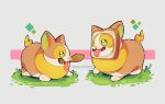 artist_request bread dog food full_body gen_8_pokemon green_eyes looking_at_viewer no_humans pokemon simple_background solo tail toast tongue tongue_out welsh_corgi wood wooden_sword yamper 