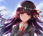  1girl bangs blazer blue_sky blunt_bangs blush brown_eyes closed_mouth clouds cloudy_sky collared_shirt commentary_request copyright_request day dutch_angle eyebrows_visible_through_hair grey_jacket habu_rin hair_ribbon hand_up highres jacket long_hair long_sleeves multicolored_hair necktie outdoors purple_hair red_neckwear red_ribbon redhead ribbon school_uniform shirt sky smile solo streaked_hair tears upper_body white_shirt 