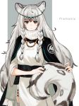  1girl 3o_c animal_ear_fluff animal_ears arknights bangs belt black_capelet braid capelet character_name closed_mouth dress grey_eyes grey_legwear highres jewelry leopard_ears leopard_tail long_hair long_sleeves looking_at_viewer necklace pramanix_(arknights) side_braids silver_hair simple_background solo standing tail turtleneck twin_braids very_long_hair white_background wide_sleeves 