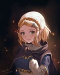  1girl azto_dio bangs blonde_hair braid cape crown_braid fingerless_gloves gloves hair_ornament hairclip highres looking_at_viewer parted_bangs pointy_ears princess_zelda short_hair simple_background smile solo the_legend_of_zelda the_legend_of_zelda:_breath_of_the_wild the_legend_of_zelda:_breath_of_the_wild_2 thick_eyebrows upper_body 