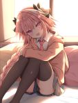  astolfo_(fate) backlighting bangs black_bow black_legwear blush bow braid fate/apocrypha fate_(series) grey_shorts hair_between_eyes hair_bow hair_intakes highres hood hoodie jacket kamu_(geeenius) legs long_braid long_hair long_sleeves looking_at_viewer multicolored_hair open_mouth otoko_no_ko pink_hair pink_jacket shorts single_braid sitting smile solo streaked_hair violet_eyes white_hair 