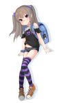  1girl backpack bag black_shirt black_shorts blue_backpack blue_eyes brown_hair full_body hair_bobbles hair_ornament highres legs long_hair original purple_legwear randoseru scrunchie shirt shoes short_shorts shorts simple_background smile sneakers solo striped striped_legwear takio_(kani_sama) thigh-highs two_side_up white_background wrist_scrunchie 