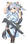  1girl arms_up assault_rifle bag bayonet between_breasts black_footwear black_gloves black_hair black_legwear blue_dress blue_eyes boots breasts bun_cover carrying china_dress chinese_clothes double_bun dress eyebrows_visible_through_hair garter_straps gloves gun hair_ornament high_collar highres holding holding_sword holding_weapon knee_boots long_hair medium_breasts medium_dress mikeran_(mikelan) military multicolored_hair original print_dress rifle satchel short_sleeves side_slit silver_hair single_glove solo sword thigh-highs two-tone_hair very_long_hair weapon weapon_request 