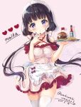  1girl apron bad_id bad_twitter_id bangs bare_shoulders black_hair blend_s blush bottle bow breasts character_name collarbone commentary_request criss-cross_halter dated detached_sleeves dress eyebrows_visible_through_hair fingernails food french_fries frilled_apron frills hair_bow halterneck hamburger head_tilt heart highres holding holding_tray long_hair low_twintails medium_breasts neki_(wakiko) parted_lips pink_background polka_dot polka_dot_dress puffy_short_sleeves puffy_sleeves red_nails red_sleeves sakuranomiya_maika short_sleeves skindentation solo thigh-highs tray twintails twitter_username very_long_hair violet_eyes waist_apron waitress white_apron white_bow white_dress white_legwear 