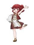  1girl anna_(fire_emblem) dress feh_(fire_emblem_heroes) fire_emblem fire_emblem_heroes full_body highres holding kishiro_az leg_up long_hair open_mouth red_eyes redhead simple_background sleeveless solo stuffed_toy white_background younger 