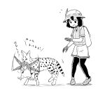  1girl animal animalization backpack bag bird black_legwear cat gloves greyscale hat helmet kaban_(kemono_friends) kemono_friends ki-51_(ampullaria) monochrome pantyhose penguin pith_helmet royal_penguin royal_penguin_(kemono_friends) serval serval_(kemono_friends) shorts translated 