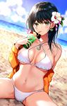  1girl bare_shoulders beach bikini black_hair blue_sky breasts breasts_apart cherry clouds criss-cross_halter cup day drinking drinking_glass drinking_straw earrings flower food fruit green_eyes hair_flower hair_ornament halterneck heart jacket jewelry large_breasts long_hair long_sleeves looking_at_viewer navel nishizawa ocean off_shoulder open_clothes open_jacket orange_jacket original outdoors sand sitting sky solo spread_legs stomach sunlight swimsuit thighs tropical_drink white_bikini white_flower 