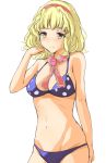  1girl alice_margatroid bangs bare_arms bare_shoulders bikini blonde_hair blue_bikini blush breasts commentary_request cowboy_shot eyebrows_visible_through_hair groin hairband hand_in_hair hand_up kaoshuzi looking_at_viewer medium_breasts navel pink_hairband pink_neckwear polka_dot polka_dot_bikini short_hair simple_background smile solo stomach swimsuit touhou white_background yellow_eyes 