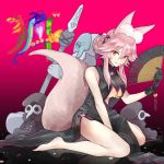  1girl animal_ears bare_shoulders barefoot black_gloves breasts china_dress chinese_clothes commentary commentary_request dress fan fang fate/grand_order fate_(series) fox_ears fox_tail gloves gradient gradient_background highres https koyanskaya large_breasts long_hair looking_at_viewer pink_hair sitting smile solo tail under_boob yellow_eyes 