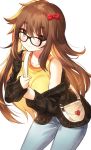  1girl bag bare_shoulders black-framed_eyewear black_jacket bow breasts brown_eyes brown_hair closed_mouth collarbone cowboy_shot fate_(series) ganesha_(fate) glasses hair_bow jacket jinako_carigiri kh_(kh_1128) leaning_forward long_hair long_sleeves looking_at_viewer medium_breasts off_shoulder open_clothes open_jacket pants red_bow shirt shoulder_bag simple_background smile solo standing tank_top white_background yellow_shirt 