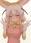  1girl absurdres arms_up blonde_hair blush breasts brown_gloves closed_eyes crying deku_suke eyebrows_visible_through_hair facing_viewer fennec_(kemono_friends) gloves highres kemono_friends medium_breasts multicolored multicolored_clothes multicolored_gloves multicolored_hair parted_lips puffy_short_sleeves puffy_sleeves short_hair short_sleeves solo two-tone_hair upper_body white_gloves white_hair 