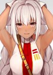  1girl armpits arms_behind_head bare_shoulders braid breasts dark_skin eyebrows_visible_through_hair fate/grand_order fate_(series) gloves grey_hair hair_between_eyes lakshmibai_(fate/grand_order) light_blush light_smile long_hair looking_at_viewer pink_eyes sleeveless small_breasts solo twin_braids upper_body very_long_hair white_gloves yuuzuki_(re&#039;ef) 