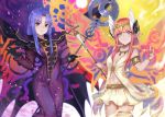  2girls armlet aunt_and_niece black_gloves blue_eyes blue_hair breasts breasts_apart cape caster circe_(fate/grand_order) circlet commentary_request dress fate/grand_order fate_(series) gloves head_wings holding holding_staff komainu_(yamaha1997) long_dress long_hair looking_at_viewer medium_breasts multiple_girls pink_hair pixiv_fate/grand_order_contest_2 pointy_ears purple_dress skirt sleeveless small_breasts smile staff violet_eyes white_skirt wings 