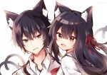  1boy 1girl :d animal_ear_fluff animal_ears bangs black_hair blush cat_ears cat_girl cat_tail collared_shirt copyright_request dress_shirt eyebrows_visible_through_hair fang fukunoki_tokuwa hair_between_eyes hair_ribbon highres long_hair looking_at_viewer looking_to_the_side multiple_tails open_mouth red_eyes red_ribbon ribbon shirt simple_background smile tail tail_raised twitter_username two_tails v-shaped_eyebrows white_background white_shirt 
