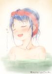  1girl artist_name bangs blue_hair blush closed_eyes collarbone commentary_request kantai_collection mae_(maesanpicture) open_mouth partially_submerged samidare_(kantai_collection) sidelocks simple_background solo swept_bangs 