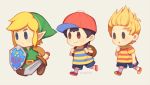  3boys ape_(company) black_hair blonde_hair blue_eyes brown_hair chibi child elf gloves hal_laboratory_inc. hat human hylian kid link lucas male_focus mother_(game) mother_2 mother_3 multiple_boys ness nintendo nintendo_ead open_mouth pointy_ears shirt short_hair simple_background smile sora_(company) striped striped_shirt super_smash_bros. the_legend_of_zelda the_legend_of_zelda:_link&#039;s_awakening wasabi60 weapon 