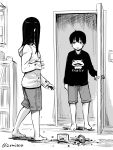 1boy 1girl barefoot brother_and_sister bubble_tea bubble_tea_challenge cup disposable_cup door drinking_straw greyscale highres indoors izumi_(toubun_kata) long_hair long_sleeves mieruko-chan monochrome opening_door shorts siblings sketch spill standing twitter_username yotsuya_kyousuke yotsuya_miko