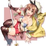  1girl atelier_(series) atelier_ryza belt boots breasts brown_eyes brown_gloves brown_hair commentary_request gloves hair_ornament hairclip hat highres jewelry looking_at_viewer necklace open_mouth red_shorts reisalin_stout shinozuka_atsuto short_shorts shorts solo thigh-highs thighs toeless_boots 