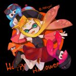  1girl @_@ absurdres bangs bare_shoulders black_shirt blonde_hair chinese_clothes detached_sleeves fangs glasses halloween halloween_costume hand_up happy_halloween hat head_tilt highres inkling inkling_girl jiangshi jiangshi_costume jumping long_hair looking_at_viewer mikoshiba_m octopus ofuda_on_head open_mouth pink_sleeves pointy_ears qing_guanmao red_skirt shirt simple_background skirt smile splatoon_(series) squid sunglasses tentacle_hair 
