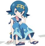  1girl blue_eyes blue_hair blue_pants closed_mouth full_body hairband ixy pants pokemon pokemon_(game) pokemon_sm sandals short_hair simple_background sitting sleeveless smile solo suiren_(pokemon) swimsuit swimsuit_under_clothes trial_captain white_background 