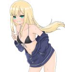  1girl atsumisu bangs bare_shoulders bikini_top black_bikini_top blonde_hair blue_jacket blush collarbone eyebrows_visible_through_hair fate_(series) floating_hair front-tie_top green_eyes grin hand_in_pocket highres jacket leaning_forward long_hair long_sleeves looking_at_viewer lord_el-melloi_ii_case_files off_shoulder open_clothes open_jacket reines_el-melloi_archisorte simple_background smile solo sweat v-shaped_eyebrows very_long_hair white_background 