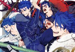  1boy angry armor blue_hair chest_tattoo cloak collar collarbone commentary costume cu_chulainn_(fate/grand_order) earrings facial_tattoo fangs fate/grand_order fate/stay_night fate_(series) fur gae_bolg gloves holding holding_weapon hood hood_up hooded_cloak jewelry lancer long_hair long_sleeves looking_to_the_side male_focus medallion open_mouth polearm ponytail red_eyes screaming shoulder_pads smile spear tatsuta_age tattoo teeth weapon 