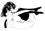  1girl black_eyes black_hair black_legwear breasts dress fetal_position gamma_(ogino_jun) highres huge_breasts jacket kitajishi_miyuki leg_hug long_hair looking_at_viewer monochrome ogino_jun short_dress thigh-highs zettai_ryouiki 