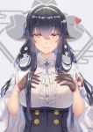  1girl artist_request azuma_(azur_lane) azur_lane bangs black_gloves black_hair blush bra_through_clothes breasts chinese_commentary closed_mouth commentary_request covered_nipples eyebrows_visible_through_hair eyes_visible_through_hair gloves hair_between_eyes hair_ornament hairclip half_gloves hands_on_own_chest heart highres large_breasts long_hair looking_at_viewer smile solo yellow_eyes 
