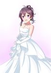  1girl ai_style bare_shoulders blush bride brown_hair dress elbow_gloves gloves gradient gradient_background hagikaze_(kantai_collection) hands_together highres jewelry kantai_collection looking_at_viewer necklace one_side_up open_mouth short_hair simple_background smile solo standing tiara violet_eyes wedding_dress white_background white_dress white_gloves 