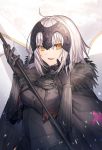  .com_(cu_105) 1girl ahoge armor armored_dress bangs black_cape black_dress black_gloves breasts brown_eyes cape commentary_request dress eyebrows_visible_through_hair fate/grand_order fate_(series) flag fur-trimmed_cape fur_trim gloves hair_between_eyes hands_up headpiece highres holding holding_flag jeanne_d&#039;arc_(alter)_(fate) jeanne_d&#039;arc_(fate)_(all) looking_at_viewer medium_breasts parted_lips smile solo white_hair 