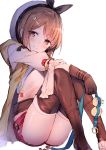  1girl absurdres atelier_(series) atelier_ryza bangs belt blush boots breasts brown_eyes brown_gloves brown_hair brown_legwear closed_mouth clover_hair_ornament eyebrows_visible_through_hair flask full_body gloves hair_between_eyes hair_ornament hairclip hat head_tilt highres holding_arm jewelry looking_at_viewer red_shorts reisalin_stout shirt short_hair short_shorts shorts sidelocks simple_background sitting skindentation smile solo thigh-highs thigh_boots thighs vest white_headwear white_shirt yukarite 