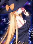  1girl abigail_williams_(fate/grand_order) absurdres amaroku_neko black_headwear blonde_hair blue_eyes bow closed_mouth fate/grand_order fate_(series) flower hat hat_bow head_tilt highres holding holding_flower long_hair long_sleeves looking_at_viewer off_shoulder orange_bow pink_flower shiny shiny_skin shoulder_blades solo standing straight_hair very_long_hair witch_hat 