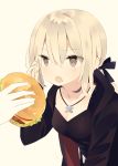  1girl :o artoria_pendragon_(all) bangs belt black_bow black_camisole black_jacket blonde_hair blush bow breasts brown_eyes collarbone eyebrows_visible_through_hair fang fate/stay_night fate_(series) feeding food hair_between_eyes hair_bow hamburger hand_up highres holding holding_food hood hood_down hooded_jacket jacket leaning_forward long_hair long_sleeves looking_away low_ponytail mimo_lm open_clothes open_jacket open_mouth ponytail saber_alter sidelocks sleeves_past_wrists small_breasts solo_focus white_belt 