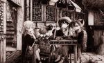  2boys 2girls absurdres closed_mouth couch eyebrows_visible_through_hair facing_away greyscale hat high_heels highres indoors looking_at_another monochrome multiple_boys multiple_girls original parted_lips scarf scenery short_hair sitting translation_request umbrella usio_ueda 