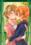  2girls bangs blush closed_eyes dated face-to-face highres hoshizora_rin hug koizumi_hanayo light_brown_hair looking_at_another love_live! love_live!_school_idol_project multiple_girls raiju38 short_hair signature smile sweater yellow_eyes yuri 