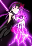  1girl akemi_homura akuma_homura artist_request black_dress black_hair bow choker commentary dark_orb_(madoka_magica) dress earrings electricity energy_sword english_commentary force_lightning hair_bow hairband highres jewelry lightsaber long_hair looking_at_viewer mahou_shoujo_madoka_magica mahou_shoujo_madoka_magica_movie red_hairband sith solo star_wars sword violet_eyes watermark weapon web_address 