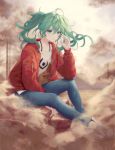  1girl bangs blue_pants closed_mouth clouds cloudy_sky collarbone dust_cloud earrings eyebrows_visible_through_hair full_body green_eyes green_hair hair_between_eyes hand_up hatsune_miku jacket jewelry long_hair long_sleeves looking_at_viewer mountain open_clothes open_jacket outdoors pants red_jacket sand shirt shoes sidelocks sitting sky solo suna_no_wakusei_(vocaloid) twintails vocaloid white_footwear white_shirt zain_(jiha3905) 