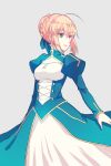  1girl ahoge artoria_pendragon_(all) blonde_hair blue_ribbon braided_bun cleavage_cutout closed_mouth dress eyebrows_visible_through_hair fate/stay_night fate_(series) green_eyes grey_background hair_between_eyes hair_ribbon highres long_dress long_sleeves looking_to_the_side ribbon ro96cu saber short_hair sidelocks simple_background solo standing 