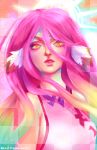  1girl breasts commentary english_commentary face gradient_hair hair_between_eyes halo highres jibril_(no_game_no_life) large_breasts long_hair looking_at_viewer magic_circle multicolored multicolored_eyes multicolored_hair no_game_no_life parted_lips pink_hair portrait reid_fagerquist solo very_long_hair violet_eyes wing_ears yellow_eyes 