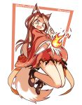  1girl :d animal_ear_fluff animal_ears borrowed_character brown_hair fang fire fox_ears fox_tail highres japanese_clothes kimono lirilias long_hair long_sleeves open_mouth original smile tail wide_sleeves 