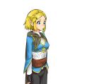  1girl athenawyrm bangs belt blonde_hair blue_eyes braid breasts cape clenched_hands commentary crown_braid drinking_straw drinking_straw_in_mouth fingerless_gloves gloves hair_ornament hairclip looking_down pointy_ears princess_zelda puffy_sleeves simple_background small_breasts solo standing the_legend_of_zelda the_legend_of_zelda:_breath_of_the_wild the_legend_of_zelda:_breath_of_the_wild_2 upper_body white_background 