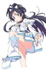  1girl ahoge black_hair blue_eyes bow closed_mouth cure_white detached_sleeves earrings futari_wa_precure futari_wa_precure_max_heart hair_bow heart heart_earrings ixy jewelry long_hair looking_at_viewer magical_girl precure simple_background solo standing standing_on_one_leg white_background white_bow white_footwear yukishiro_honoka 