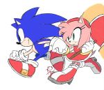  1boy 1girl amy_rose animal aoi_(aoii91) blush dated dress english_commentary gloves green_eyes hairband hammer hedgehog highres holding_hands mammal no_humans red_dress red_footwear red_hairband running sega shoes signature sonic sonic_team sonic_the_hedgehog white_background 