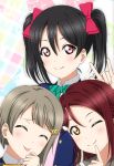  3girls \m/ black_hair circle_cut closed_eyes finger_to_mouth grey_hair kazuma_(theworld000021) long_hair love_live! love_live!_school_idol_festival_all_stars love_live!_school_idol_project love_live!_sunshine!! multiple_girls nakasu_kasumi one_eye_closed perfect_dream_project redhead sakurauchi_riko short_hair tongue tongue_out twintails upper_body yazawa_nico 