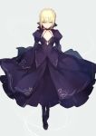  1girl artoria_pendragon_(all) bangs black_bow black_choker black_footwear blonde_hair boots bow braid breasts choker commentary_request detached_sleeves dress eyebrows_visible_through_hair fate/stay_night fate_(series) french_braid full_body gothic_lolita grey_background hair_between_eyes hair_bow juliet_sleeves korean_commentary lolita_fashion long_dress long_sleeves looking_at_viewer lpip parted_lips puffy_sleeves purple_dress purple_sleeves saber_alter short_hair sidelocks sleeves_past_wrists small_breasts solo standing wide_sleeves yellow_eyes 