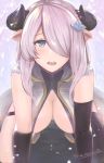  1girl all_fours black_gloves black_legwear blue_eyes blush breasts commentary draph elbow_gloves gloves granblue_fantasy hair_ornament hair_over_one_eye hanging_breasts horns large_breasts lavender_hair long_hair looking_at_viewer narmaya_(granblue_fantasy) pointy_ears senasky signature single_thighhigh sleeveless solo thigh-highs thigh_strap 