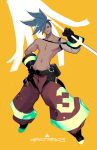  1boy belt blue_eyes blue_hair character_name chest galo_thymos gloves hand_on_hip harurie holding holding_weapon male_focus pants polearm promare shirtless smile spear spiky_hair weapon 