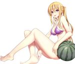  1girl :p barefoot bikini blonde_hair breasts commentary_request covered_nipples food fruit hair_between_eyes large_breasts lieselotte_sherlock long_hair looking_at_viewer nao_akinari purple_bikini sideboob sitting smile solo swimsuit thighs tongue tongue_out trinity_seven twintails very_long_hair violet_eyes watermelon 