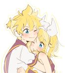  1boy 1girl arms_around_back bare_shoulders blonde_hair blue_eyes blush bow chin_on_head chin_rest hair_bow headphones highres hug kagamine_len kagamine_rin m0ti one_eye_closed sailor_collar school_uniform short_hair short_ponytail shoulder_blush smile upper_body vocaloid white_bow 